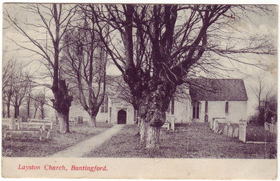 001 - Layston Church
E.E.Darville the stationers in Buntingford with a postmark of Buntingford on 29th July 1908. Very similar to the first postcard - the difference being the credit for the stationers is on the front of the card.
