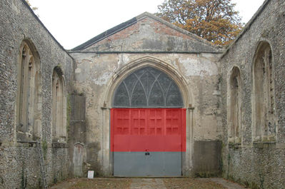 12 - Doors between Nave and Chancel looing East
These doors are removed and replaced with four folding doors that are the shape of the red tint, The doors do the same trick as the Gallery in the Soane house in London - if you have never been there you should visit it's fab. http://www.soane.org/

No idea about the door furniture on this.
