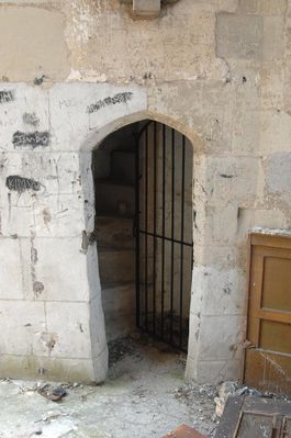 09 - door to the bell tower stairs
This will end up as an oak door - there are already two hinge pins embedded in the stone frame on the right and the handles and locks need to be impressive and more cosmetic than secure.
